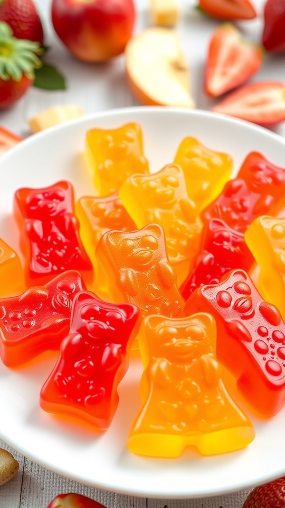 A plate of colorful homemade fruit snacks shaped like gummy bears, surrounded by fresh fruits.